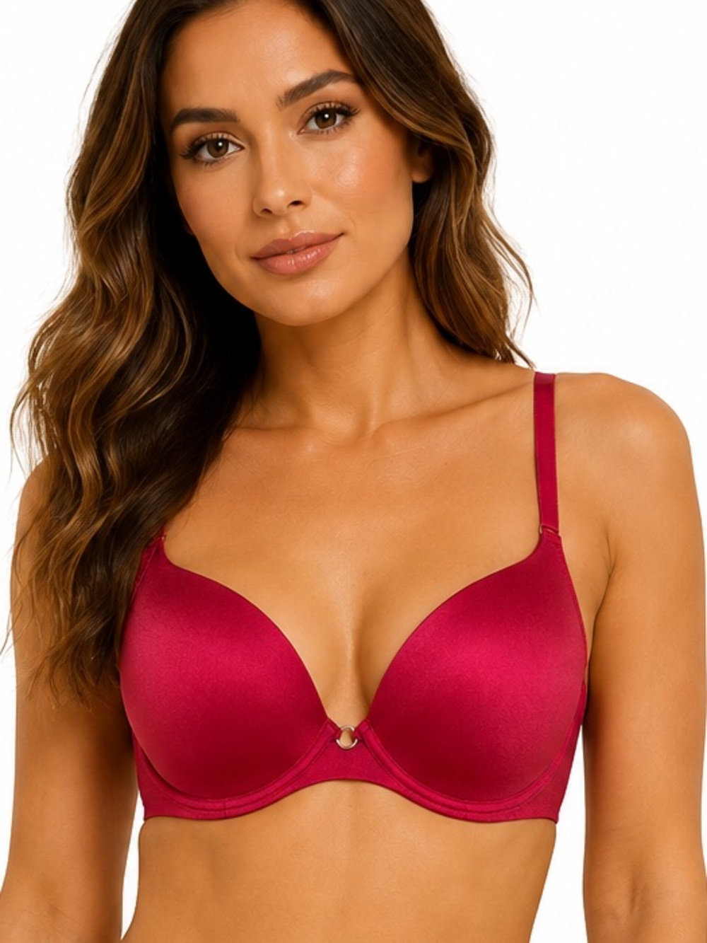 La Senza Body Kiss Plunge Bra 34D Red Satin Push Up Underwire T-Shirt Bra Padded